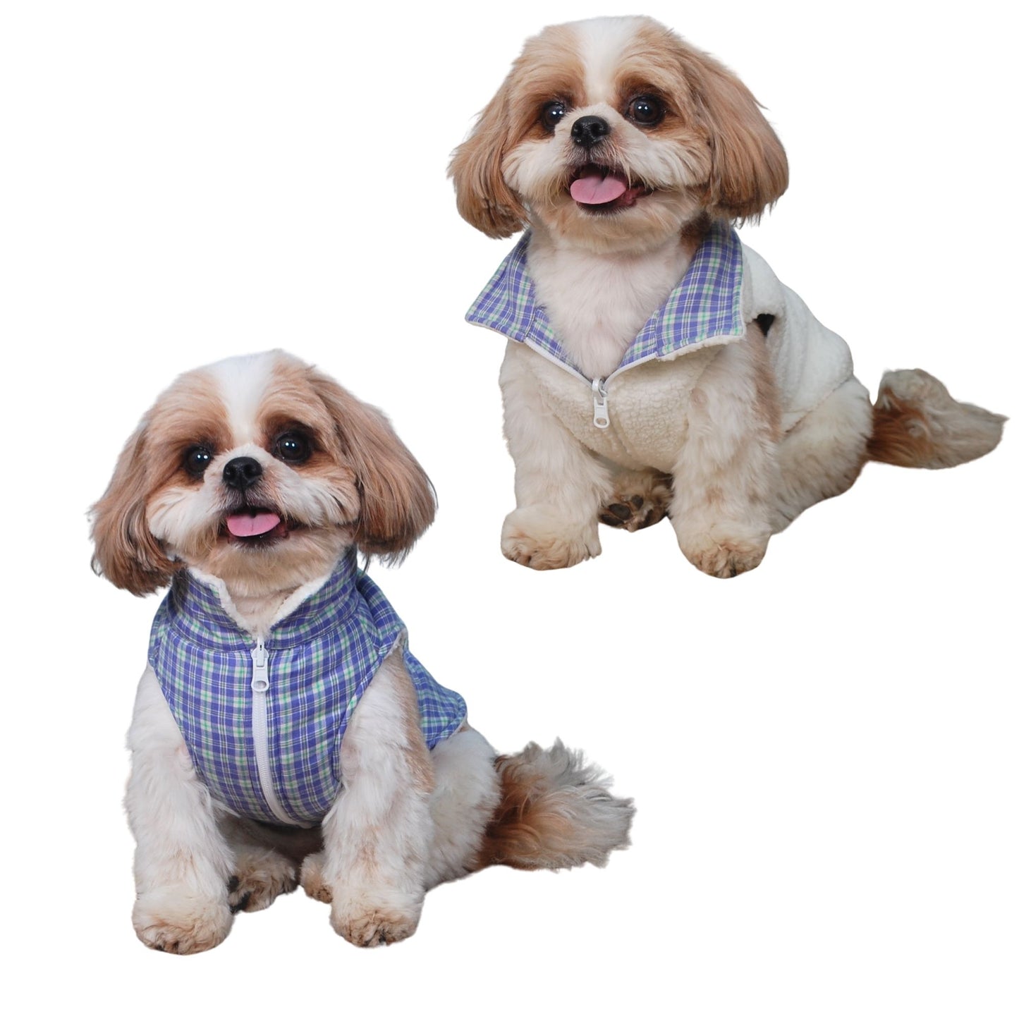 Wag & Wilder Reversible Dog Jacket- Sherpa and Blue Fleece Print