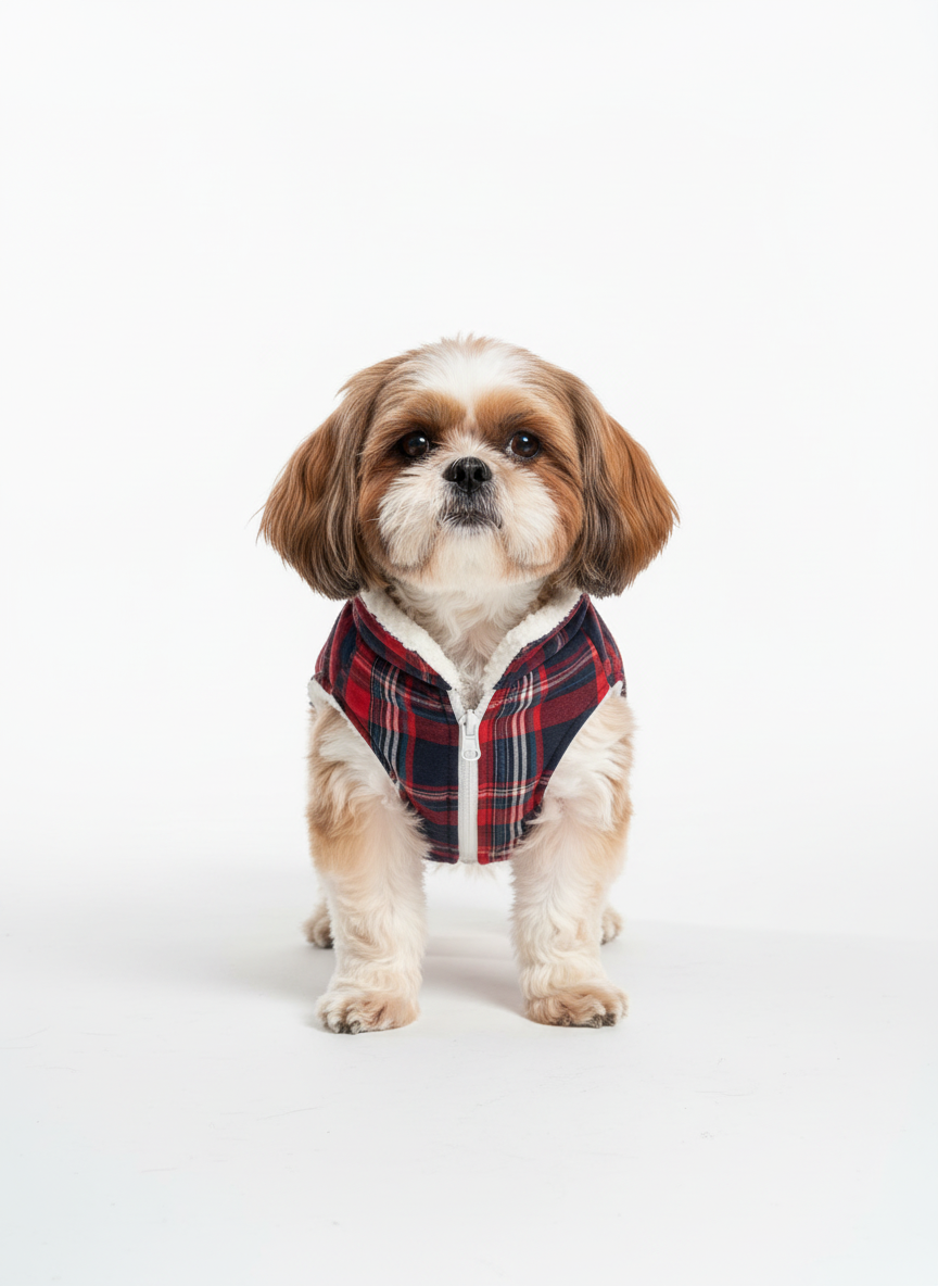 Wag & Wilder Reversible Dog Jacket- Sherpa and Red Fleece Print