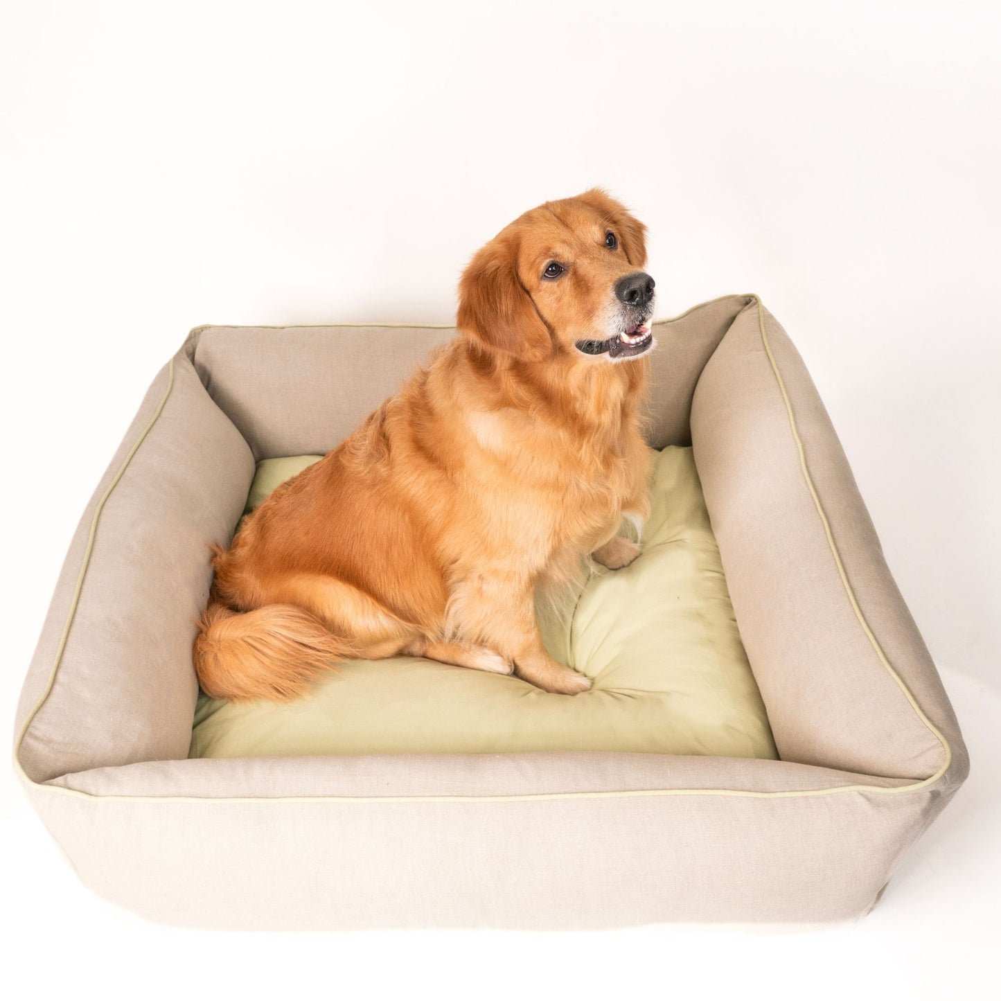 Wag & Wilder Linen-Cotton Dog Bed - Beige & Olive