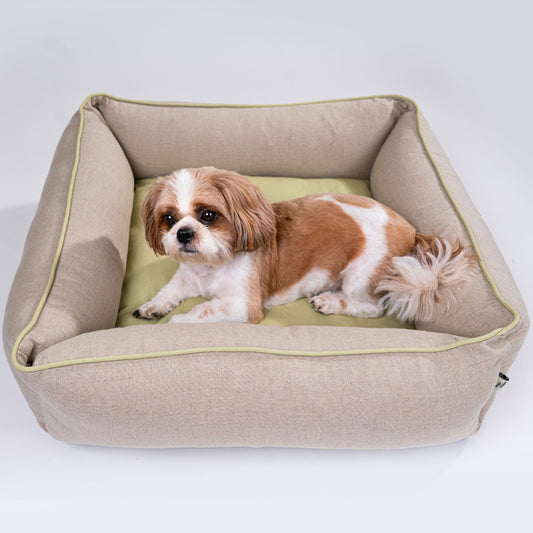 Wag & Wilder Linen-Cotton Dog Bed - Beige & Olive