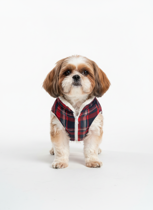Wag & Wilder Reversible Dog Jacket- Sherpa and Red Fleece Print